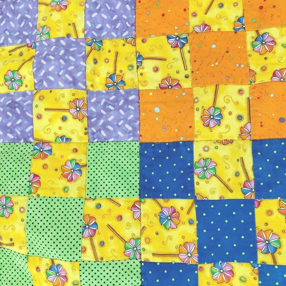 Handmade Baby Lap Picnic Wall Quilt Bright Summer Pinwheel Cotton Yellow Green